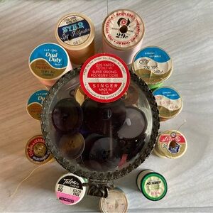 Threads&Buttons, vintage ‘50’s/‘60’s in ornate glass/brass flip top vintage cont